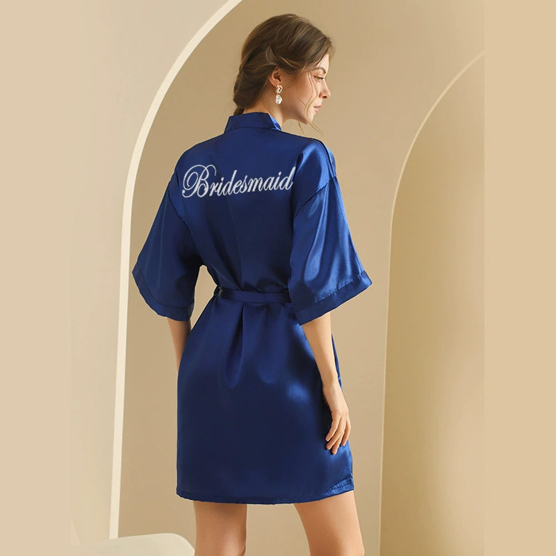 Royal Blue Bridesmaid Half-Sleeve Satin Nightgown – Elegant Bridal Party Loungewear, Silky Fabric with "Bridesmaid" Embroidery