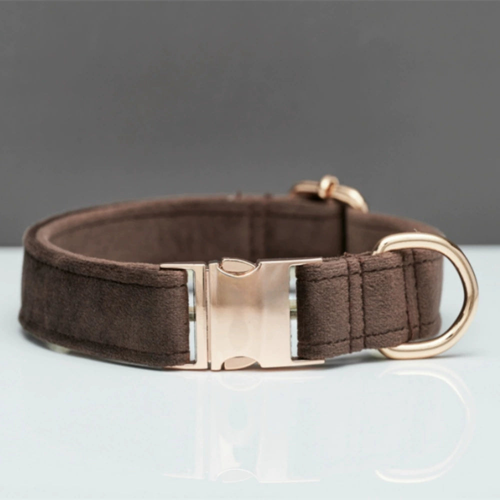 Dark Brown Velvet Pet Dog Collar – Adjustable Design with Engravable Metal Buckle (Rose Gold Finish)