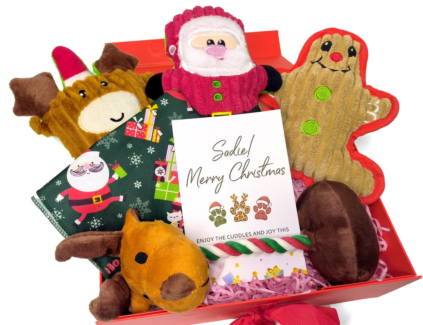 Personalized Christmas Pet Gift Box – Custom Greeting Card, Festive Toy Set & Holiday Bandana for Dogs & Cats (Medium Red Ribbon Box, 26×19×8cm)