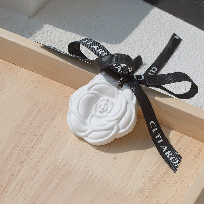 Camellia-shaped Gypsum Aromatherapy Tablet – With Black Ribbon