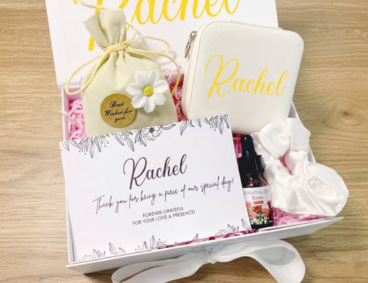 Blush & Ivory Personalized Wedding Guest Mini Gift Box – Curated Self-Care Thank You Favor Set (Small White Ribbon Box, 23×17×7cm)