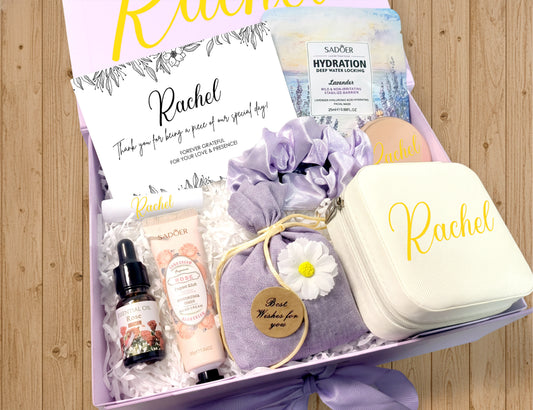 Lavender & Ivory Personalized Wedding Guest Mini Gift Box – Curated Self-Care Thank You Favor Set (Small Purple Ribbon Box, 23×17×7cm)