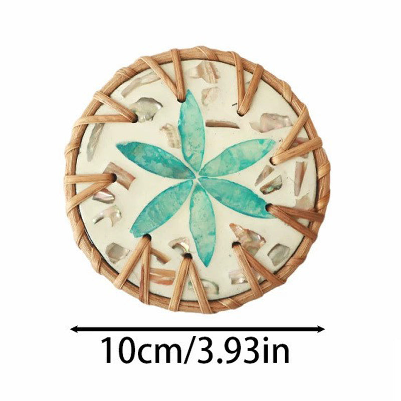 Rattan-Woven Ceramic Coaster (10cm) – Heat-Resistant Cup Mat with Shell & Floral Decor