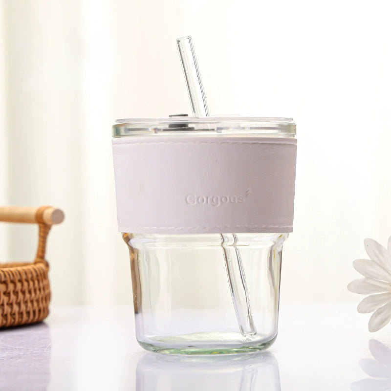 Aesthetic 400ml Glass Tumbler with Straw, Lid & Insulated Sleeve