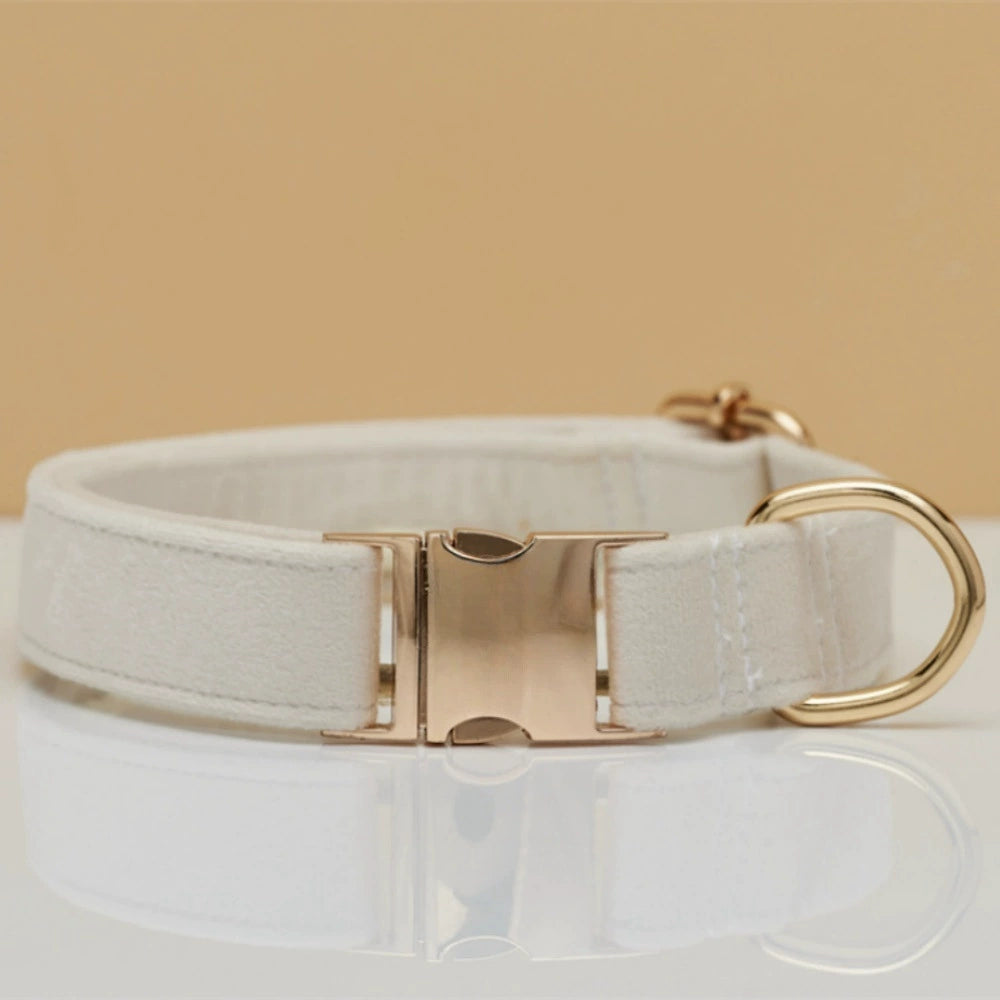 White Velvet Pet Dog Collar – Adjustable Design with Engravable Metal Buckle