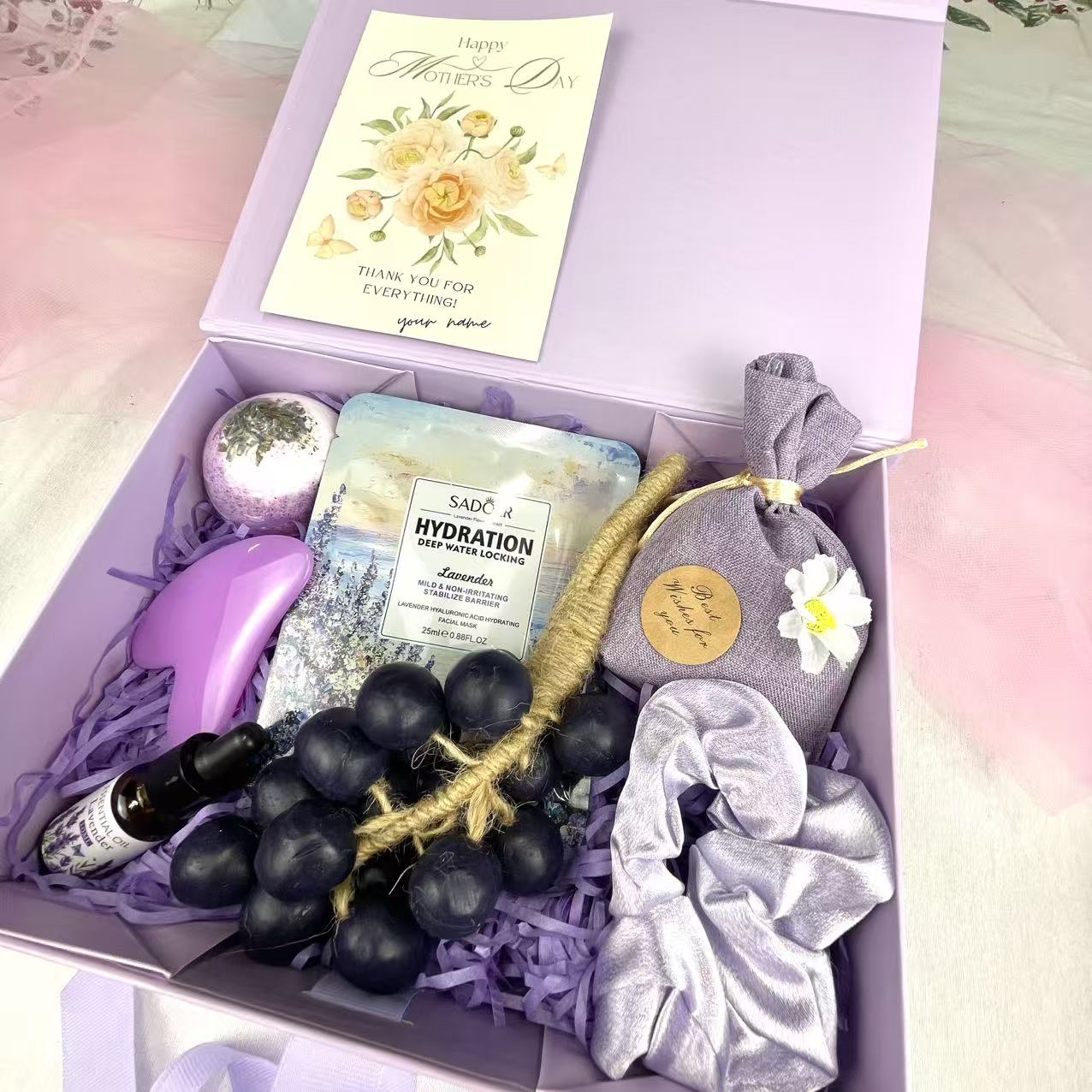 Lavender Mother's Day Spa Gift Box - Self-Care Gift Set with Face Mask, Gua Sha & Bath Bomb - image 3