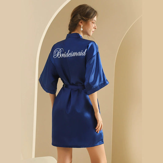 Royal Blue Bridesmaid Half-Sleeve Satin Nightgown – Elegant Bridal Party Loungewear, Silky Fabric with "Bridesmaid" Embroidery