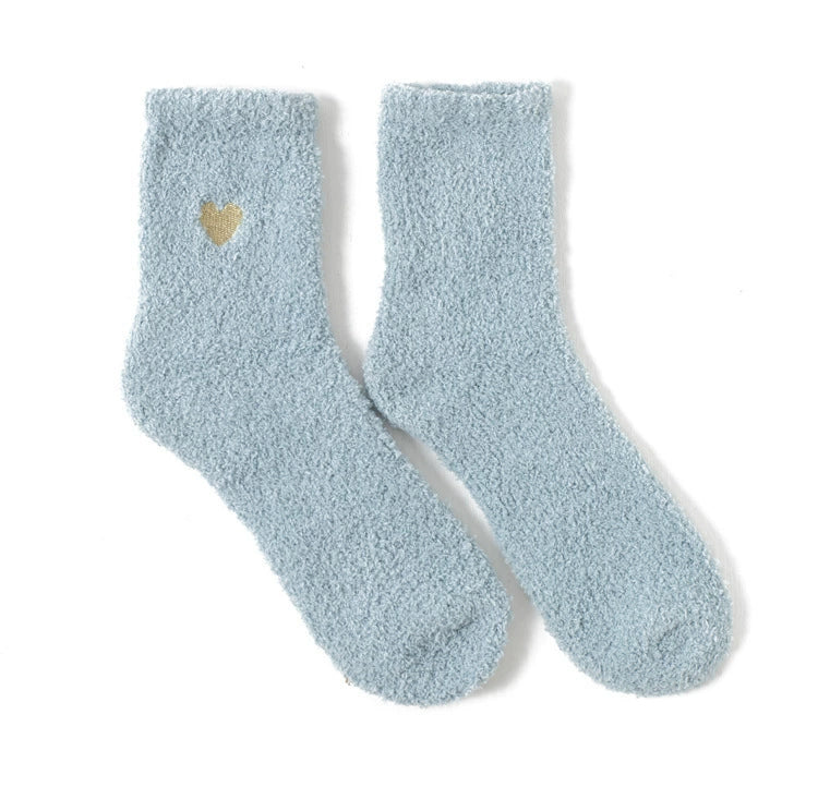 Embroidered Gold Thread Heart Coral Fleece Floor Socks for Women – Polyester (Polyamide) Material (Multiple Color Options)