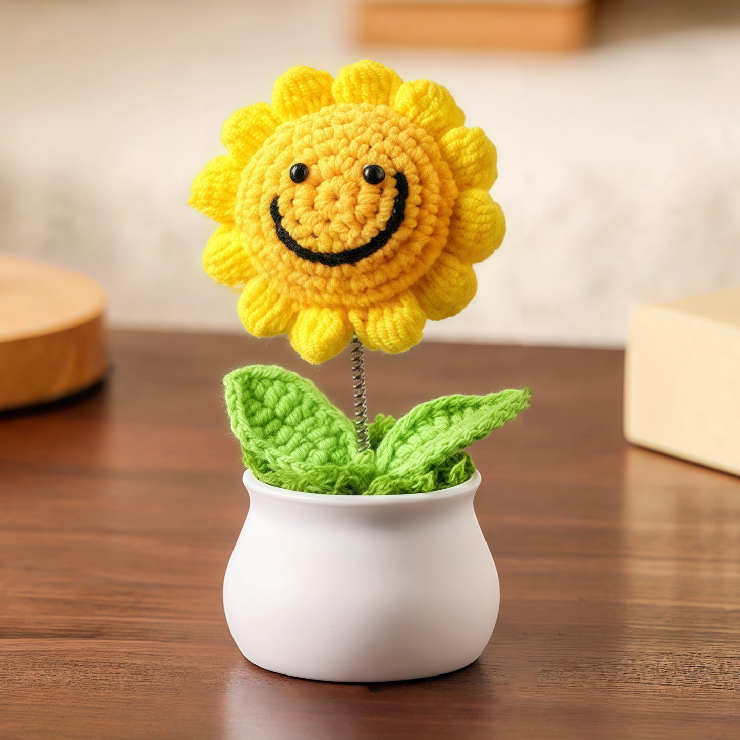 Hand-Knitted Wool Smiley Sunflower Potted Plant (10cm) – Office Desktop Decor