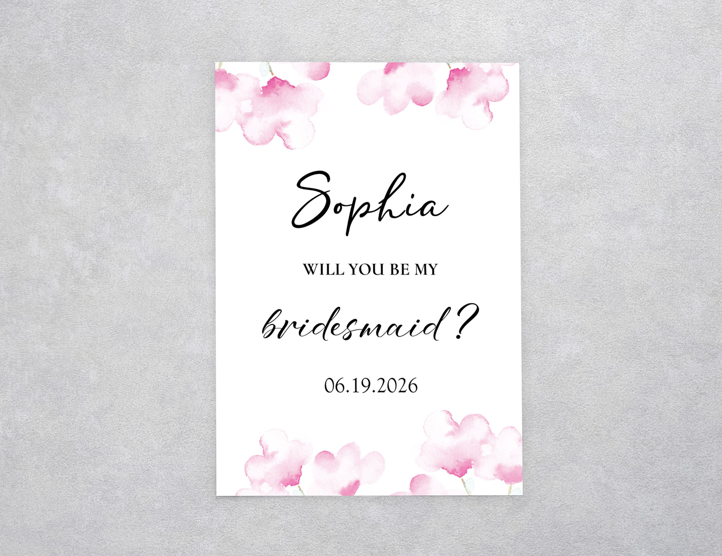 Pink Watercolor Floral Bridesmaid Proposal Card