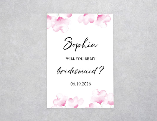 Pink Watercolor Floral Bridesmaid Proposal Card