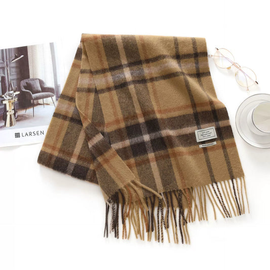 Wool Knitted Plaid Scarf – Soft Warm Winter Fashion Accessory (Camel/Pink Plaid Options)