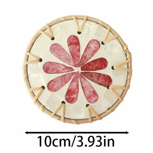 Rattan-Woven Ceramic Coaster (10cm) – Heat-Resistant Cup Mat with Shell & Floral Decor