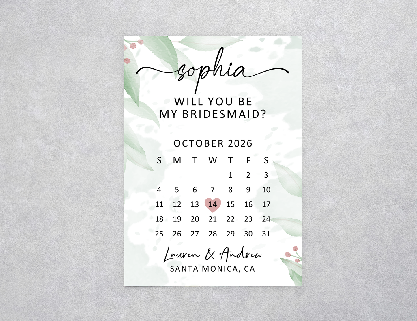 Eucalyptus Calendar Bridesmaid Proposal Card