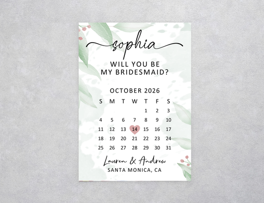 Eucalyptus Calendar Bridesmaid Proposal Card