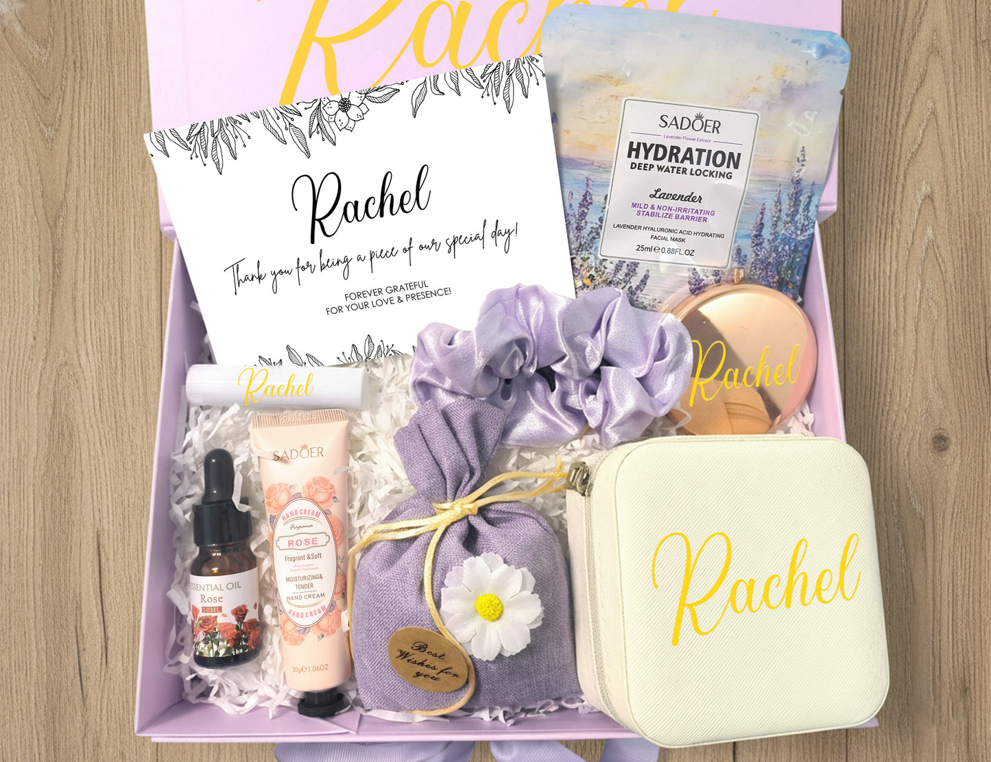 Lavender & Ivory Personalized Wedding Guest Mini Gift Box – Curated Self-Care Thank You Favor Set (Small Purple Ribbon Box, 23×17×7cm)