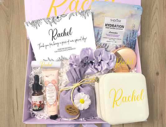 Lavender & Ivory Personalized Wedding Guest Mini Gift Box – Curated Self-Care Thank You Favor Set (Small Purple Ribbon Box, 23×17×7cm)