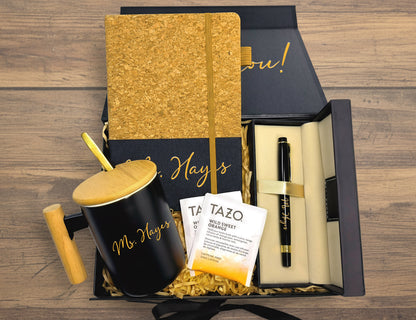 Thank You Teacher Appreciation Gift Box – Premium Black & Gold Curated Set (Large Black Ribbon Box, 31.5×26×10.5cm)