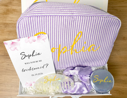 Lavender Stripe Bridesmaid Proposal Gift Box – Customizable “Will You Be My Bridesmaid?” Set (Small White Ribbon Box, 23×17×7cm)