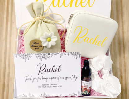 Blush & Ivory Personalized Wedding Guest Mini Gift Box – Curated Self-Care Thank You Favor Set (Small White Ribbon Box, 23×17×7cm)
