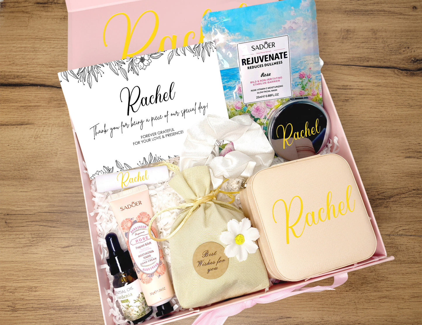 Blush Pink Personalized Wedding Guest Gift Box – Curated Self-Care Thank You Set (Medium Pink Ribbon Box, 26×19×8cm)