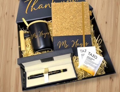 Thank You Teacher Appreciation Gift Box – Premium Black & Gold Curated Set (Large Black Ribbon Box, 31.5×26×10.5cm)