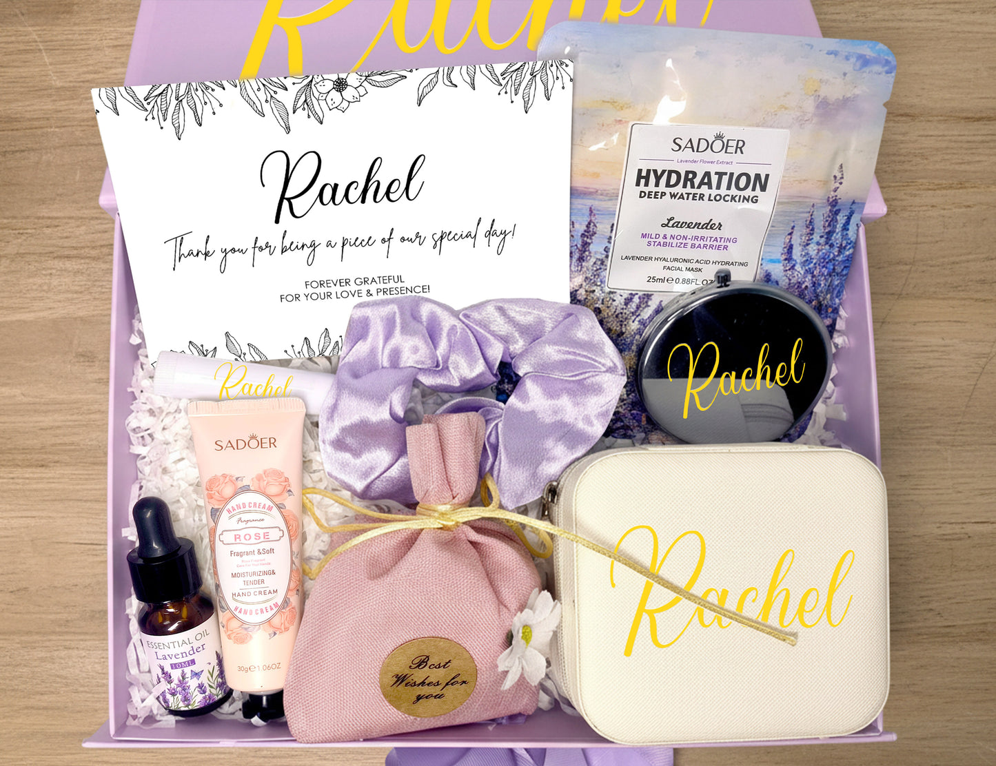 Lavender & Blush Personalized Wedding Guest Gift Box – Curated Self-Care Thank You Set (Medium Purple Ribbon Box, 26×19×8cm)