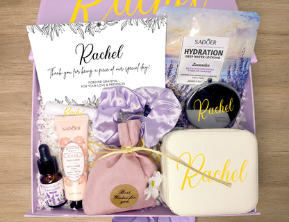 Lavender & Blush Personalized Wedding Guest Gift Box – Curated Self-Care Thank You Set (Medium Purple Ribbon Box, 26×19×8cm)
