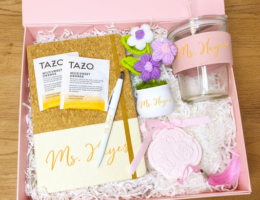 Blush Pink Thank You Teacher Appreciation Gift Box – Customizable Curated Set for Educators (Large Pink Ribbon Box, 31.5×26×10.5cm)