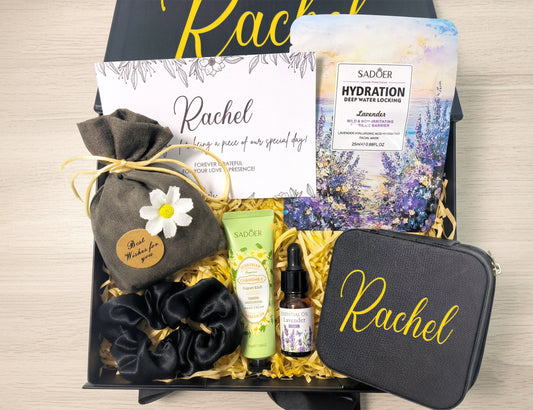 Modern Neutral Wedding Guest Gift Box – Curated Self-Care Thank You Favor Set (Medium Black Ribbon Box, 26×19×8cm)