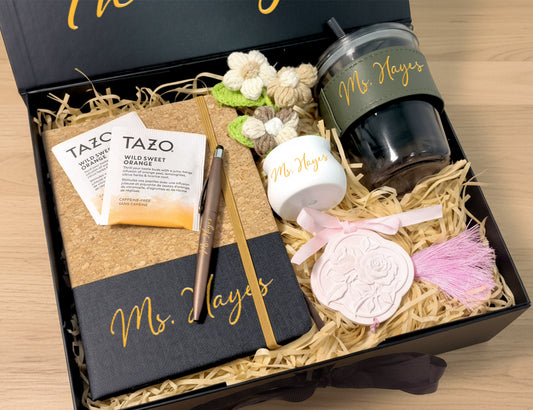 Earthy Neutral Thank You Teacher Appreciation Gift Box – Customizable Curated Set for Educators (Large Black Ribbon Box, 31.5×26×10.5cm)