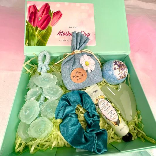 Mint Green Mother's Day Spa Gift Box - Self-Care Gift Set with Bath Bomb, Scrunchie & Gua Sha