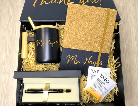 Thank You Teacher Appreciation Gift Box – Premium Black & Gold Curated Set (Large Black Ribbon Box, 31.5×26×10.5cm)