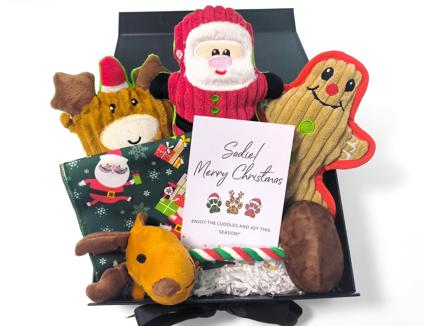 Personalized Christmas Pet Gift Box – Custom Greeting Card, Festive Toy Set & Holiday Bandana for Dogs & Cats (Medium Black Ribbon Box, 26×19×8cm)