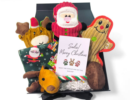 Personalized Christmas Pet Gift Box – Custom Greeting Card, Festive Toy Set & Holiday Bandana for Dogs & Cats (Medium Black Ribbon Box, 26×19×8cm)