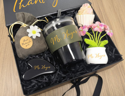 Earthy Neutral Personalized Wedding Guest Gift Box – Curated Self-Care Favor Set (Medium Black Ribbon Box, 26×19×8cm)