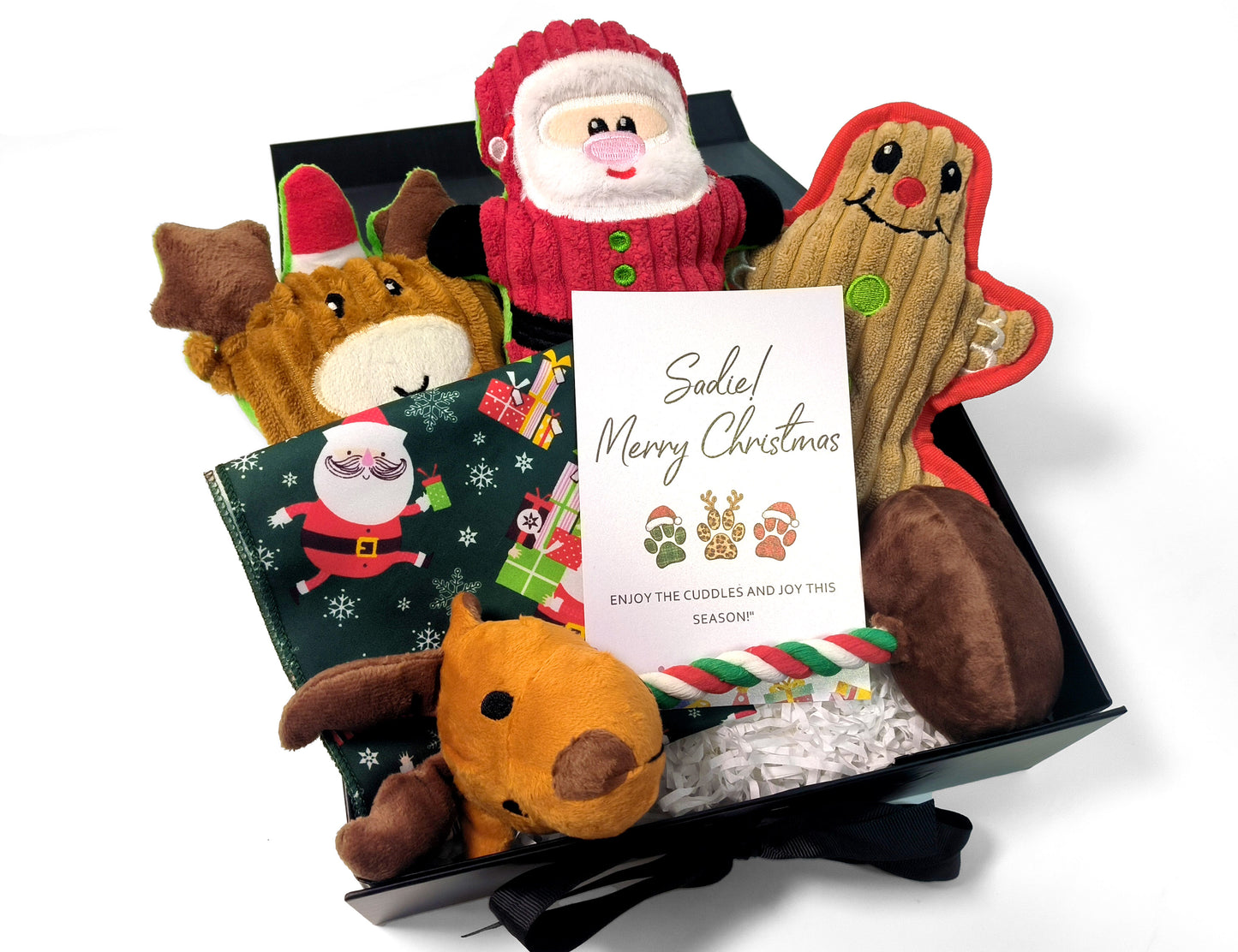 Personalized Christmas Pet Gift Box – Custom Greeting Card, Festive Toy Set & Holiday Bandana for Dogs & Cats (Medium Black Ribbon Box, 26×19×8cm)
