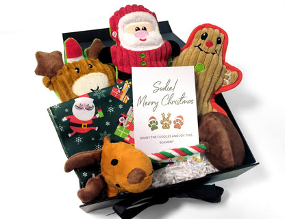 Personalized Christmas Pet Gift Box – Custom Greeting Card, Festive Toy Set & Holiday Bandana for Dogs & Cats (Medium Black Ribbon Box, 26×19×8cm)