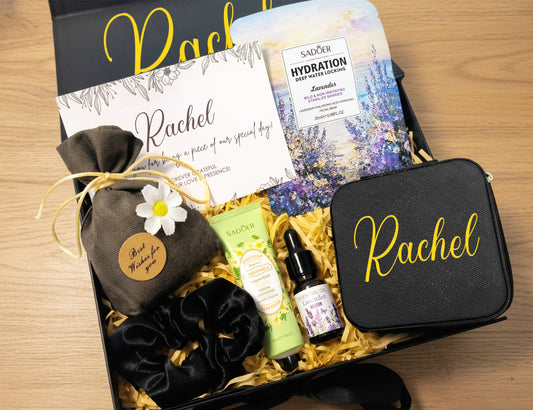 Modern Neutral Wedding Guest Gift Box – Curated Self-Care Thank You Favor Set (Medium Black Ribbon Box, 26×19×8cm)