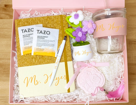 Blush Pink Thank You Teacher Appreciation Gift Box – Customizable Curated Set for Educators (Large Pink Ribbon Box, 31.5×26×10.5cm)