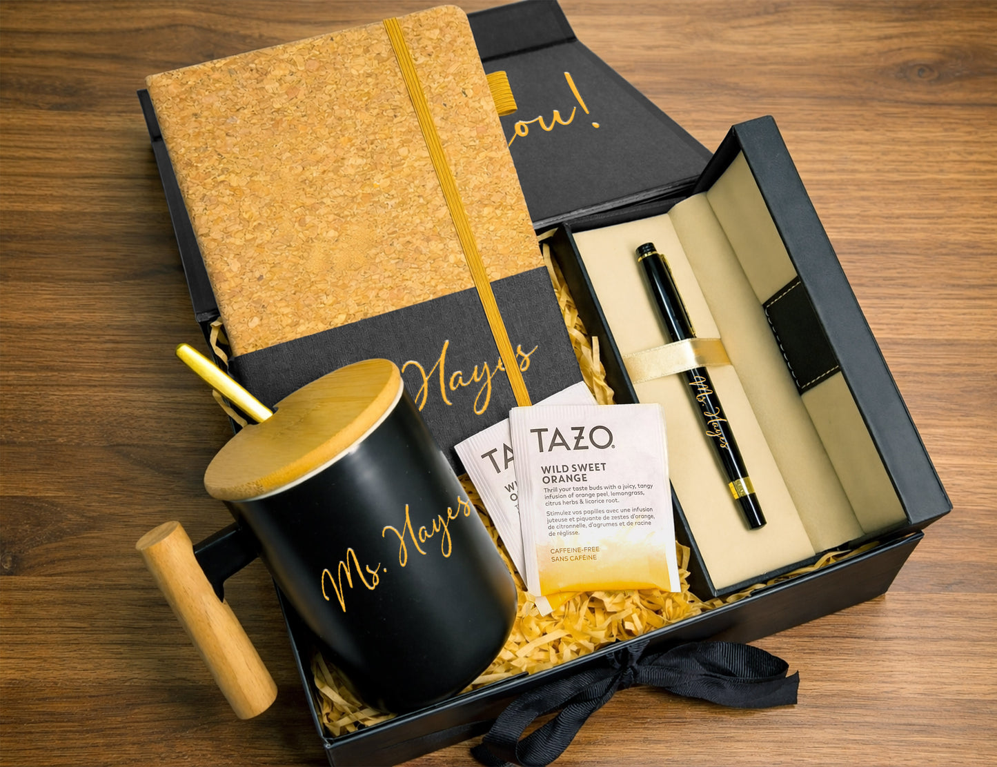 Thank You Teacher Appreciation Gift Box – Premium Black & Gold Curated Set (Large Black Ribbon Box, 31.5×26×10.5cm)