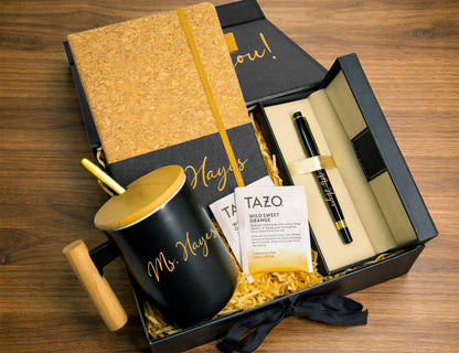 Thank You Teacher Appreciation Gift Box – Premium Black & Gold Curated Set (Large Black Ribbon Box, 31.5×26×10.5cm)