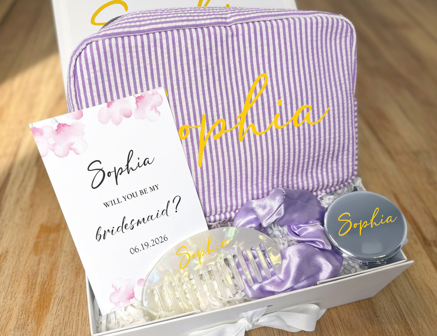 Lavender Stripe Bridesmaid Proposal Gift Box – Customizable “Will You Be My Bridesmaid?” Set (Small White Ribbon Box, 23×17×7cm)