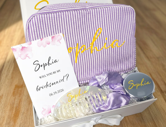 Lavender Stripe Bridesmaid Proposal Gift Box – Customizable “Will You Be My Bridesmaid?” Set (Small White Ribbon Box, 23×17×7cm)