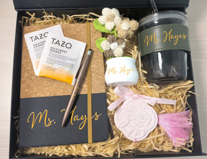 Earthy Neutral Thank You Teacher Appreciation Gift Box – Customizable Curated Set for Educators (Large Black Ribbon Box, 31.5×26×10.5cm)