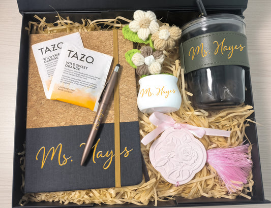 Earthy Neutral Thank You Teacher Appreciation Gift Box – Customizable Curated Set for Educators (Large Black Ribbon Box, 31.5×26×10.5cm)