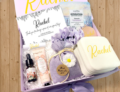 Lavender & Ivory Personalized Wedding Guest Mini Gift Box – Curated Self-Care Thank You Favor Set (Small Purple Ribbon Box, 23×17×7cm)