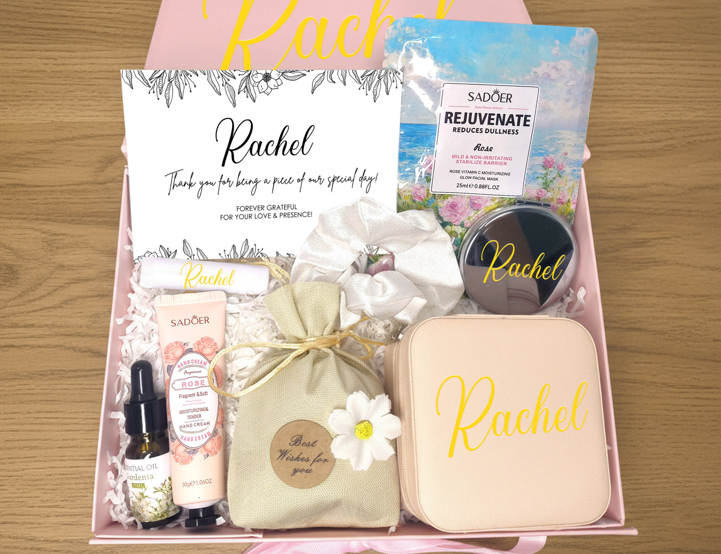 Blush Pink Personalized Wedding Guest Gift Box – Curated Self-Care Thank You Set (Medium Pink Ribbon Box, 26×19×8cm)