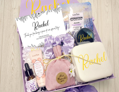 Lavender & Blush Personalized Wedding Guest Gift Box – Curated Self-Care Thank You Set (Medium Purple Ribbon Box, 26×19×8cm)