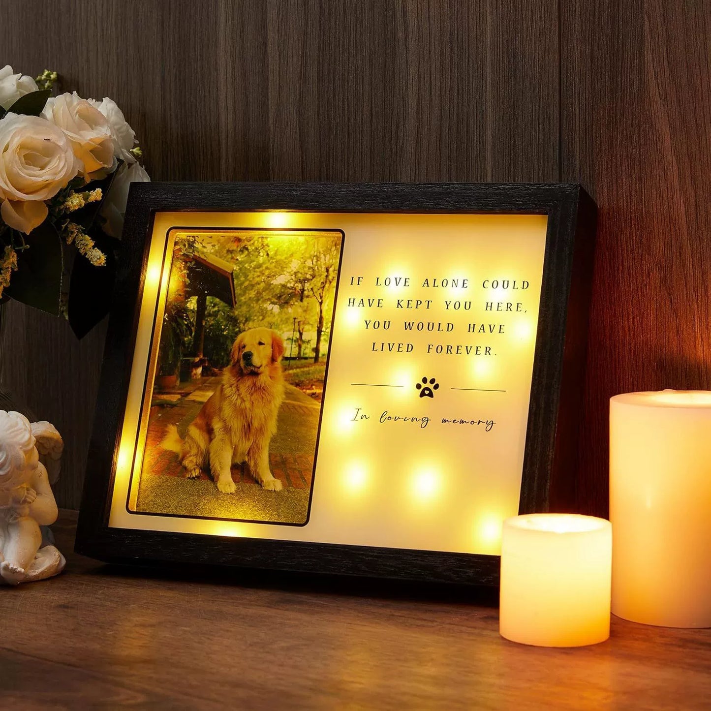 Light-Up Wooden Pet Memorial Photo Frame – Customizable In Loving Memory Frame with LED Warm Lights